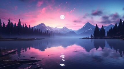 A serene evening scene at a high-altitude lake, with the sky transitioning from blue to pink and...