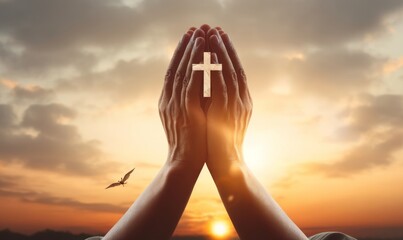 Man hands palm up praying and worship of cross, eucharist therapy bless god helping, hope and faith, christian religion concept on sunset background, Generative AI - obrazy, fototapety, plakaty