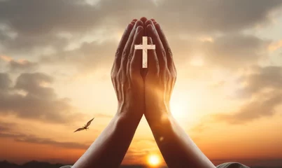 Foto op Plexiglas Man hands palm up praying and worship of cross, eucharist therapy bless god helping, hope and faith, christian religion concept on sunset background, Generative AI © Moments Captured