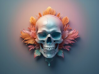 blue human skull with leaves, blank background, for design, isolated