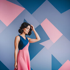 Brunette woman in blue and pink long dress