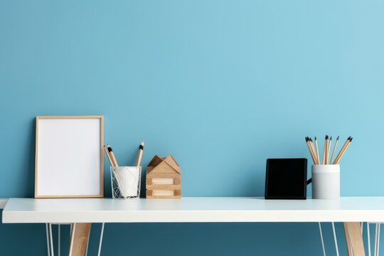 Home office desk with blue wall and white table mock up, Generative AI