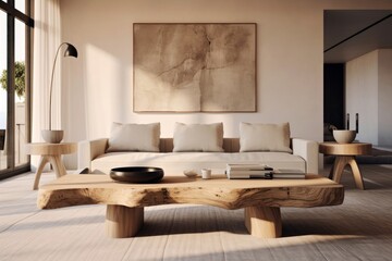 Rustic live edge table and chairs near beige sofa in spacious room. Scandinavian interior design of modern living room. Generative AI