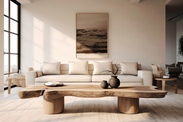 Rustic live edge table and chairs near beige sofa in spacious room. Scandinavian interior design of modern living room. Generative AI
