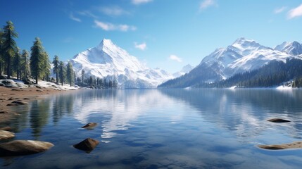 A tranquil mountain lake in early spring, with melting snow patches around and reflecting a clear blue sky in its still waters.