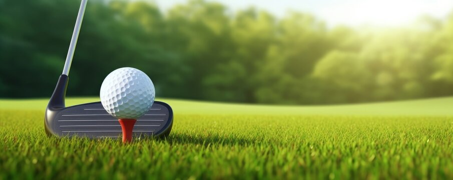 Golf ball on tee and golf club with fairway green background. Sport and athletic concept. 3D illustration rendering, Generative AI