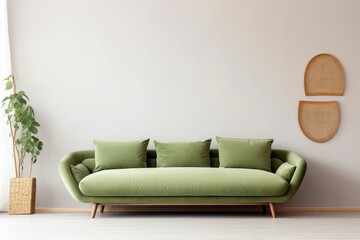 Green sofa and wooden decor accent piece near empty wall with copy space for text. Minimalist interior design of modern living room. Generative AI