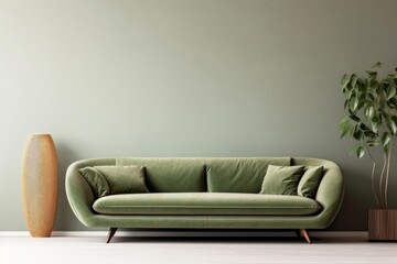 Fototapeta na wymiar Green sofa and wooden decor accent piece near empty wall with copy space for text. Minimalist interior design of modern living room. Generative AI