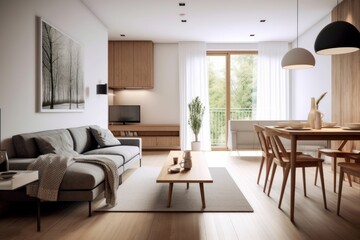 Fototapeta na wymiar Studio apartment with dining table and chairs. Scandinavian interior design of modern living room. Generative AI