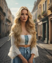 a woman with long blonde hair standing on a street