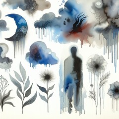 Collection of watercolor nature elements and abstract human figures with a whimsical vibe