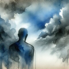 Abstract silhouette of a person against a dramatic sky painted in moody watercolors