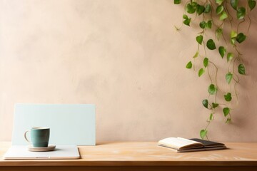 Cozy home office desk with laptop, mug and ivy on bright, sand texture wall, Generative AI