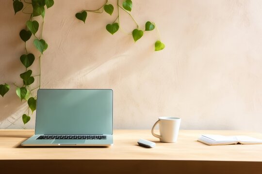 Cozy home office desk with laptop, mug and ivy on bright, sand texture wall, Generative AI