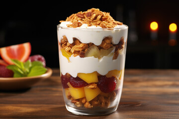Healthy breakfast yoghurt with tasty oats and fresh fruit and berries in a glass