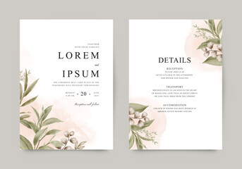 Double sided wedding invitation template with watercolor leaves