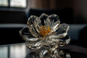 Glass sculpture flower on wooden table. Spiral piece accessory creation fluid. Generate Ai