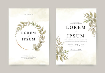 Two sided wedding invitation template with elegant watercolor foliage