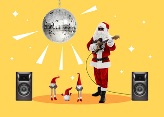 Winter holidays bright artwork. Santa Claus playing guitar, elves dancing against orange...