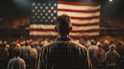 a man standing against the backdrop of the american flag