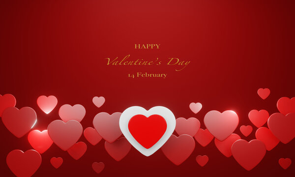 Happy Valentine's Day banner template. illustration with many red heart shape on red background. Image 3D rendering.