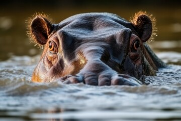 Hippopotamus water closeup morning bath. Big africa natural mammal. Generate Ai