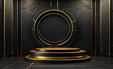 Luxury modern black and gold podium for product display presentation.