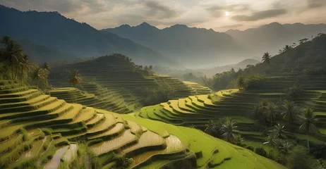 Foto op Plexiglas A beautiful green mountain with terraces rice fields. © Creative_Bringer
