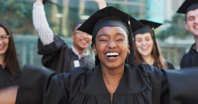 Graduation, cheers or face of happy woman on campus for education, achievement or school goal. Class group success, college diploma or excited student graduate with smile, pride or degree certificate