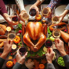 Family having fun and toasting in the thanksgiving dinner with turkey and delicious sides to enjoy that festive night