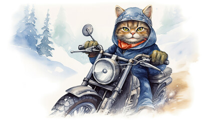 Watercolor illustration of cat on motorcycle. Funny art
