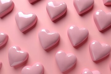 Fototapeta premium Minimalistic hearts pastel pink. Multiple glossy little hearts on pink surface. Generate ai