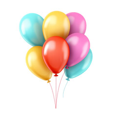 A colorful balloon bunch isolated on a white or transparent background. 3d rendering. PNG. Assortment of floating party balloons. red, yellow, pink, blue colour baloon.