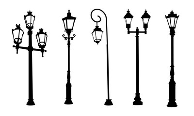 street lantern silhouettes set - obrazy, fototapety, plakaty