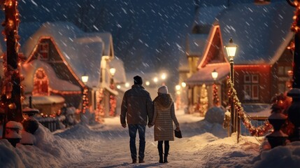 Man and woman observing twinkling lights, snowy urban backdrop. Winter holiday observance.