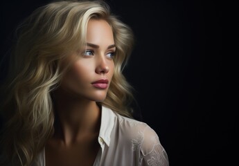 Dramatic portrait of a young beautiful blonde woman in dark colors. Women's beauty and fashion.