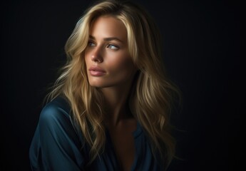 Naklejka premium Dramatic portrait of a young beautiful blonde woman in dark colors. Women's beauty and fashion.