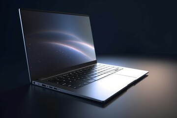 Photo of open laptop screen on black surface. Modern digital notebook computer device. Generate ai