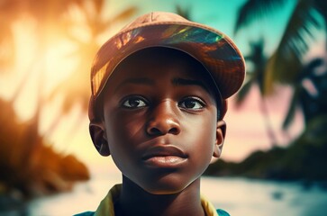 Photo selfie of Bahamian little boy with summer cap. Portrait of black child with tropical nature background. Generate ai - obrazy, fototapety, plakaty