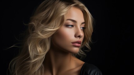 Naklejka premium Dramatic portrait of a young beautiful blonde woman in dark colors. Women's beauty and fashion.