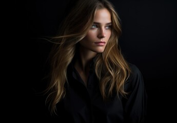 Naklejka premium Dramatic portrait of a young beautiful woman in dark colors. Women's beauty and fashion.