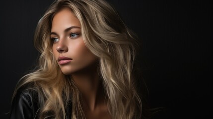 Fototapeta premium Dramatic portrait of a young beautiful blonde woman in dark colors. Women's beauty and fashion.