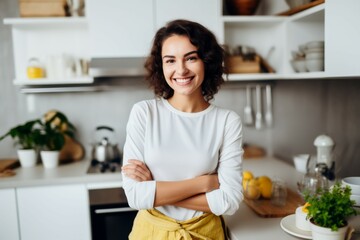 smiling woman standing in kitchen - obrazy, fototapety, plakaty