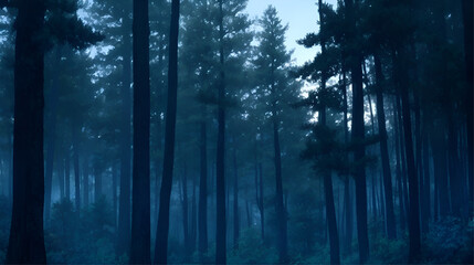 This image depicts a foggy forest at night. The fog is thick and obscuring, and it creates a sense of mystery and intrigue. The trees are tall and slender