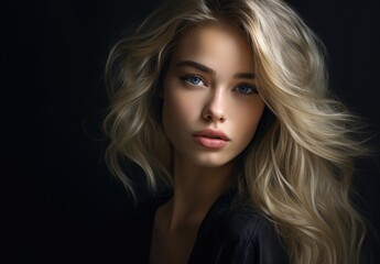 Fototapeta premium Dramatic portrait of a young beautiful blonde woman in dark colors. Women's beauty and fashion.