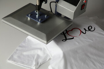 Printing logo. Heat press with t-shirt on white table, closeup