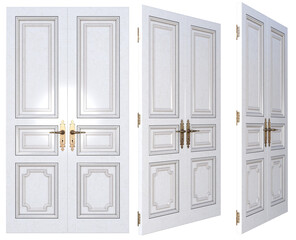A closed set of white double doors on an isolated transparent background.