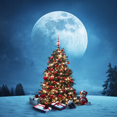 Wintry landscape, decorated Christmas tree and gifts