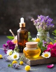 Fototapeta na wymiar Essential Herbal Oils for Homeopathy or Aromatherpahy