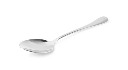 One clean shiny spoon isolated on white. Cooking utensil
